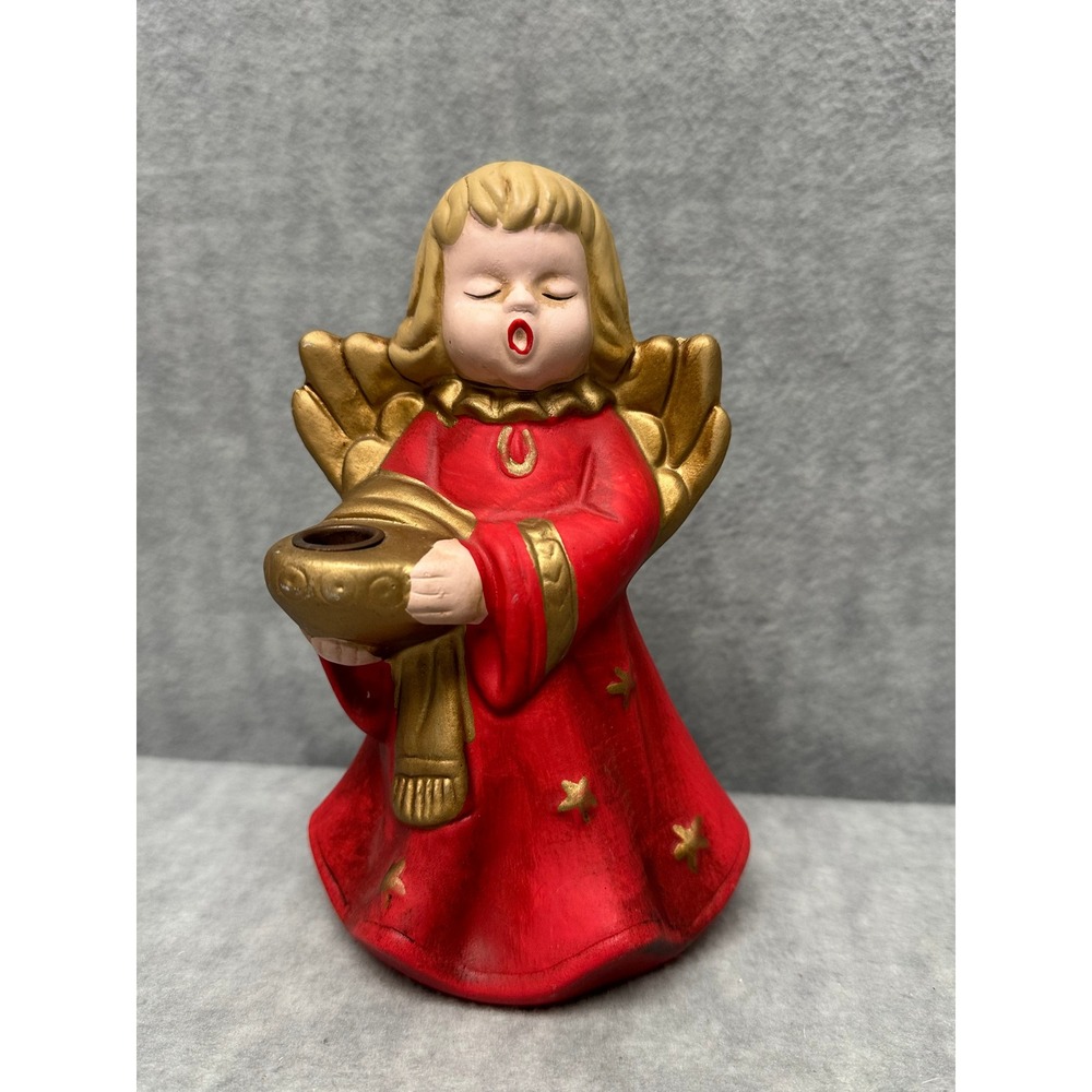 Vintage Red and Gold Ceramic Singing Angel Christmas Candle Holder 7.5in MCM‎